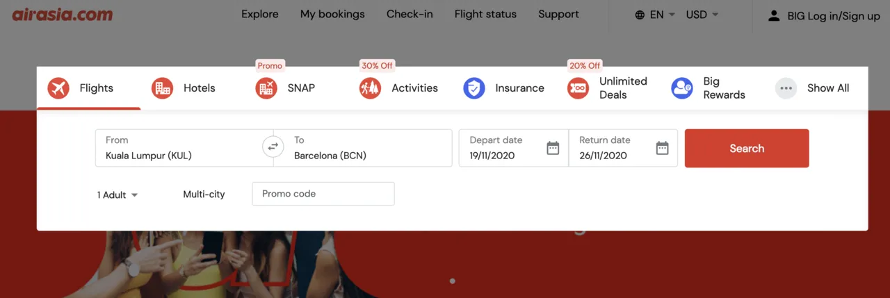 airasia.com and Kiwi.com extensive flight offer