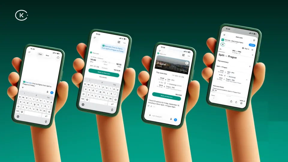 Conversational flight search on a phone screen, showing a natural-language request and live flight results with a direct booking link