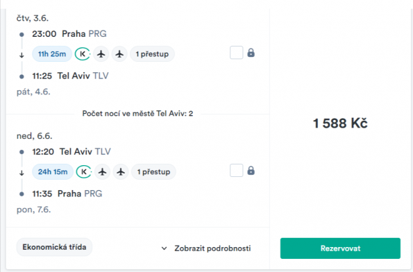 Kiwi.com ticket price Prague - Tel Aviv
